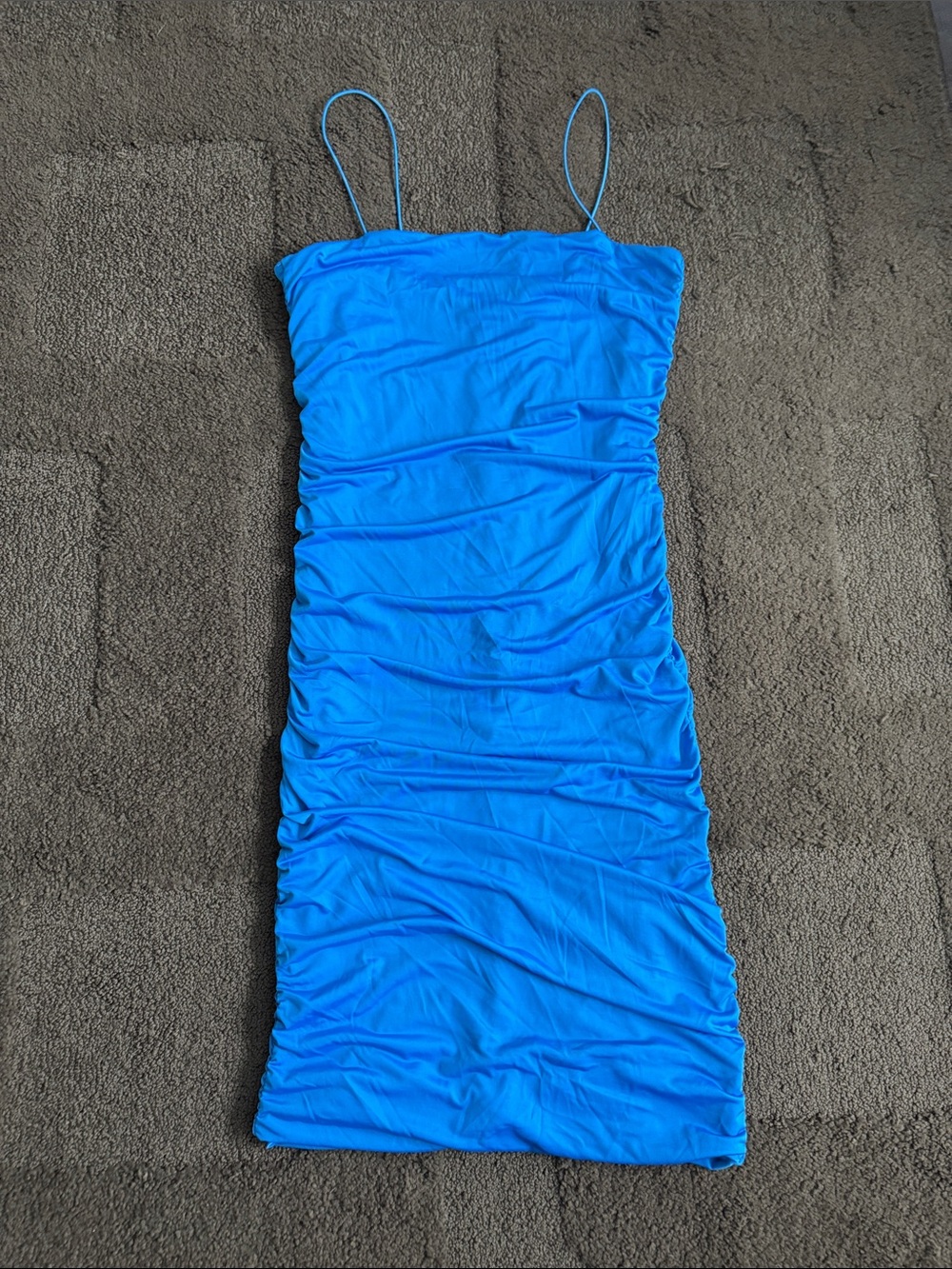 Blue Ruched Spaghetti-Strap Dress